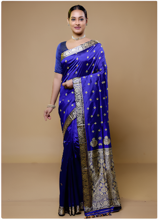 Blue Handloom Assam Pure Silk Saree With Blouse Piece