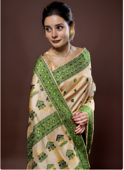 Assam Mulberry Silk Saree,Muga Silk Saree,Green Silk Saree,Handloom Silk Saree,Celebrity Design Silk Saree,Genuine Assam Silk Saree,Assam Government Silk Mark,Authentic Silk Saree,Lab Tested Silk Saree,raditional Assamese Saree